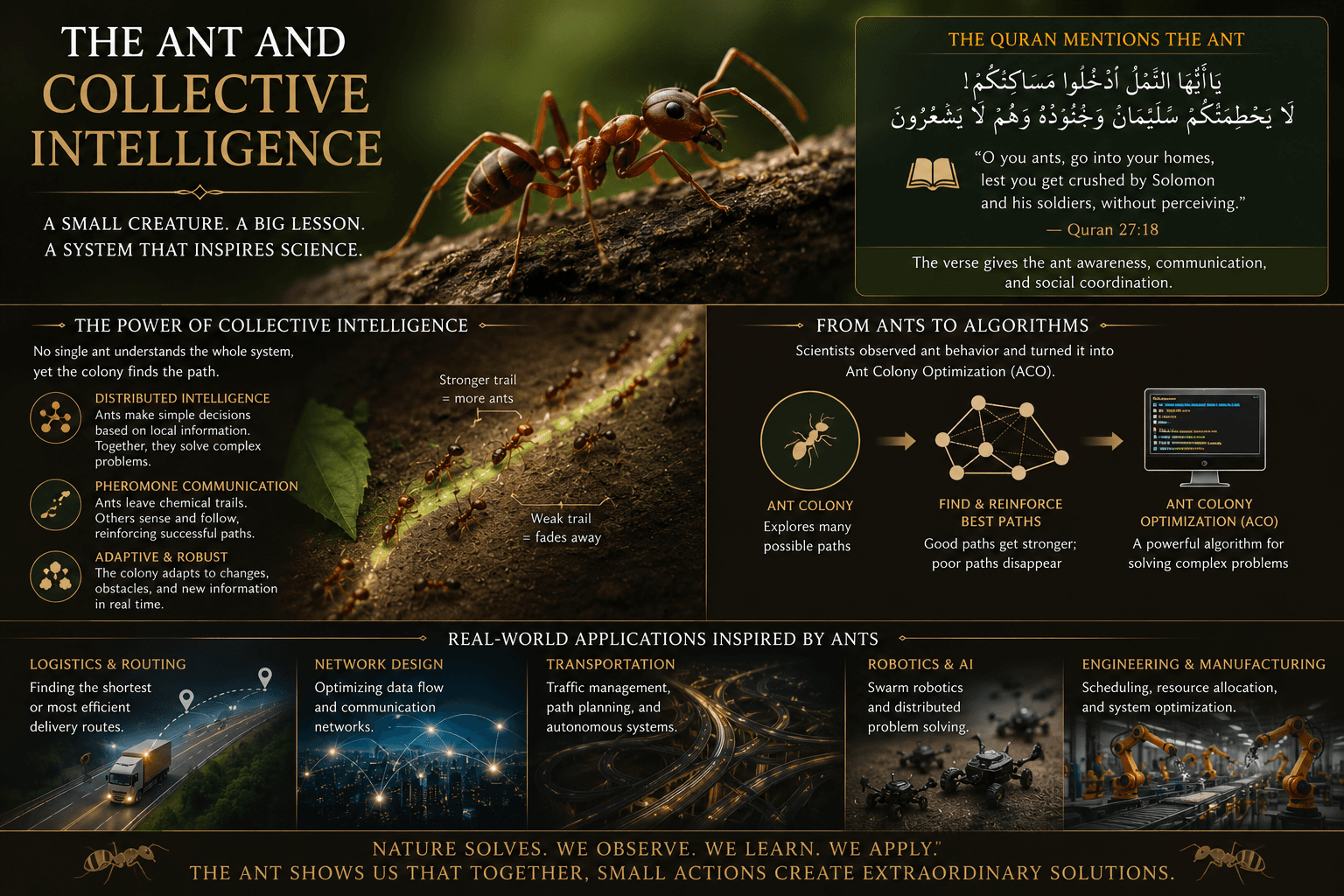 Infographic showing an ant colony and the concept of collective intelligence, featuring a close-up ant, pheromone trail networks, algorithm diagrams, and modern applications in logistics, transportation, networking, robotics, and artificial intelligence. The graphic illustrates how ant behavior inspired Ant Colony Optimization algorithms used to solve complex routing and coordination problems.