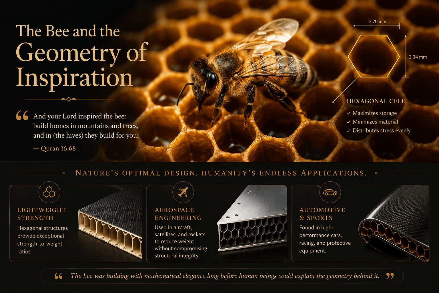 A honeybee standing on a golden honeycomb beside a geometric diagram of a hexagonal cell, with examples of modern aerospace and automotive honeycomb structures inspired by bee architecture.