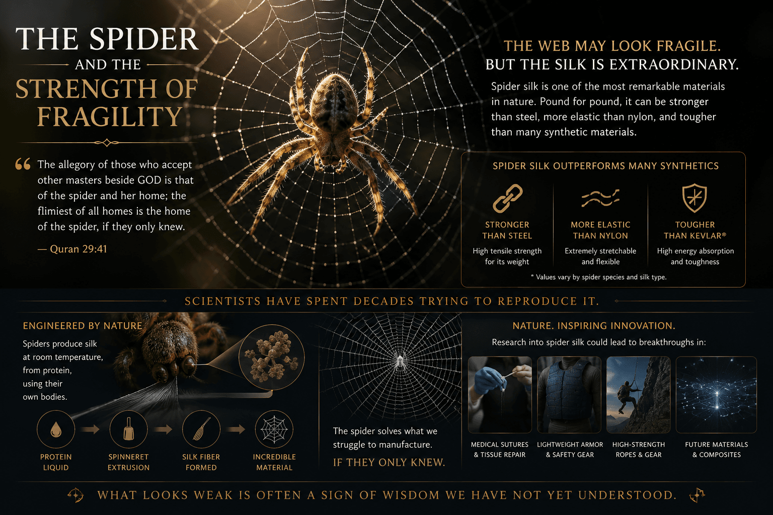 Infographic featuring a spider suspended on its web, illustrating the remarkable properties of spider silk. The graphic compares spider silk to steel, nylon, and Kevlar, highlights its biological production process, and shows potential applications in medicine, protective equipment, and advanced materials.