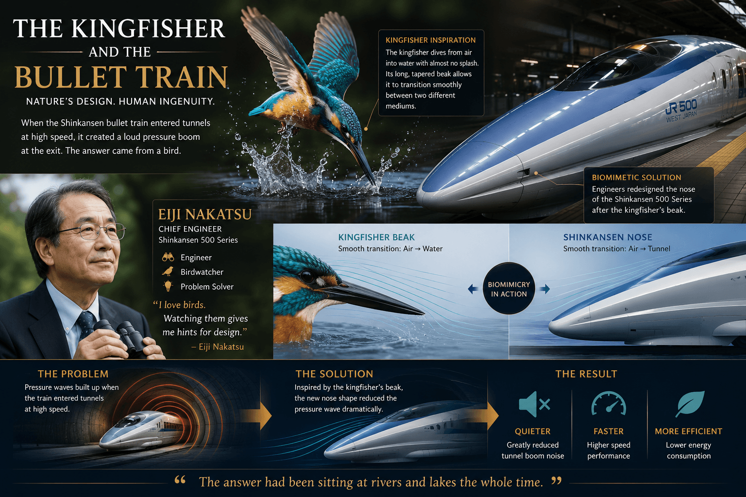 Infographic showing Japanese engineer and birdwatcher Eiji Nakatsu alongside a kingfisher diving into water and the nose of the Shinkansen bullet train. The image illustrates how the kingfisher's streamlined beak inspired the redesign of the train, reducing tunnel sonic booms while improving speed and energy efficiency.
